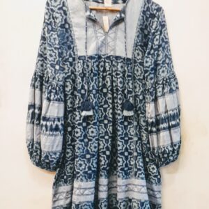 Indigo and Chambray moorish motif bohemian dress with handmade tassels