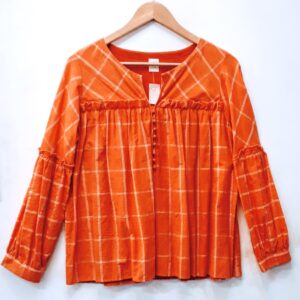 Orange checkered top with gathering and ruffle full sleeves