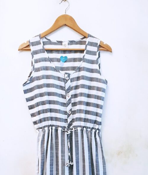 Grey and white stripe jumpsuit with drawstring waist