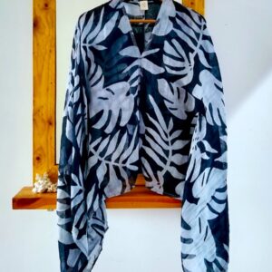 Navy and powder blue monstera print linen kaftan